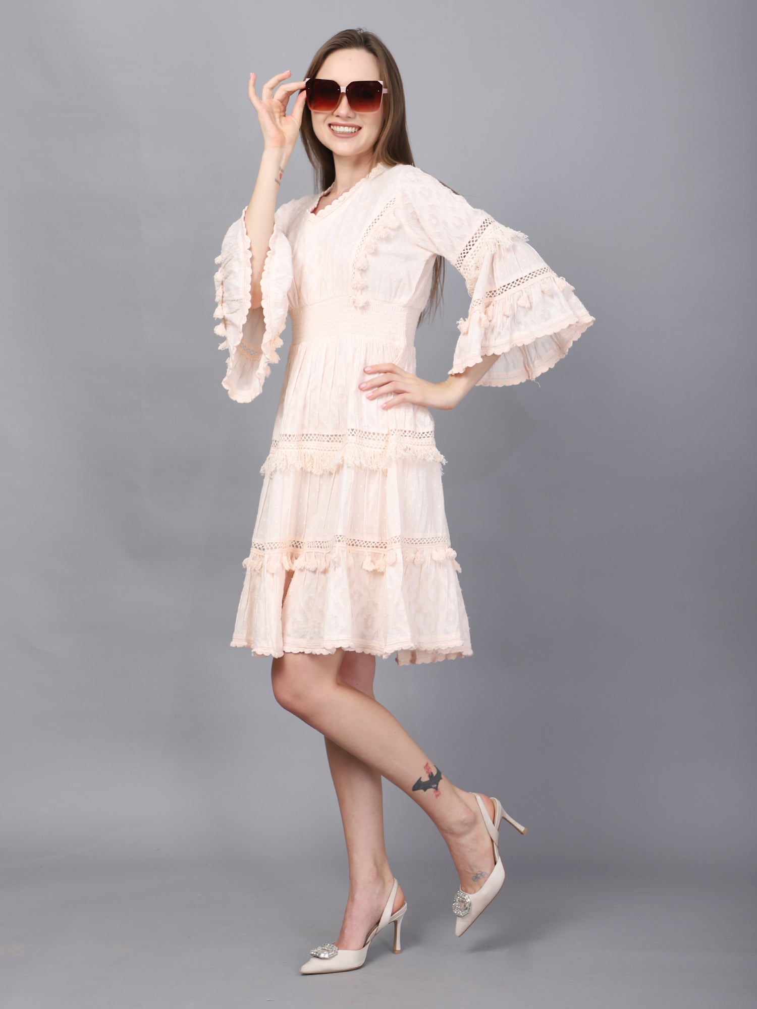 Pink Flared Sleeve A-Line Dress
