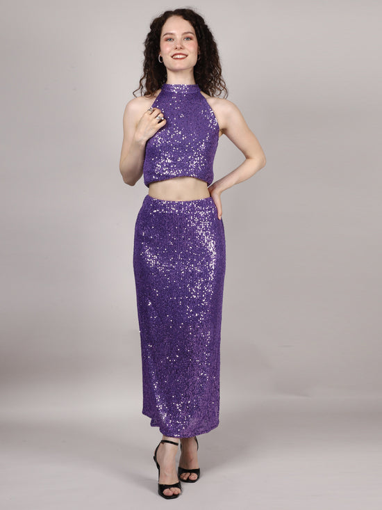 Purple Sequins Side Slit Skirt