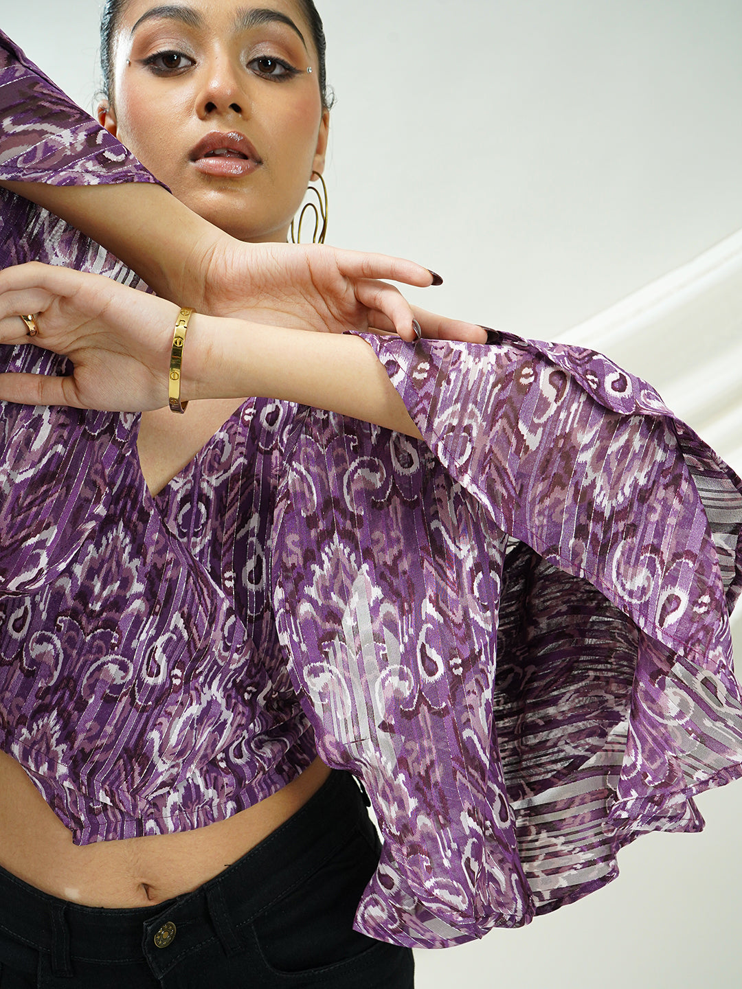 Purple Ikat Ruffle Sleeve Wrap Top