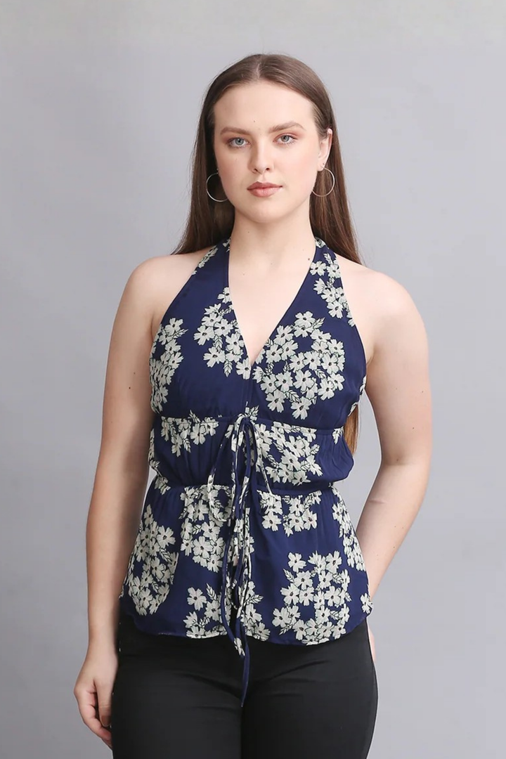 Navy Floral Halter Neck Tie Top