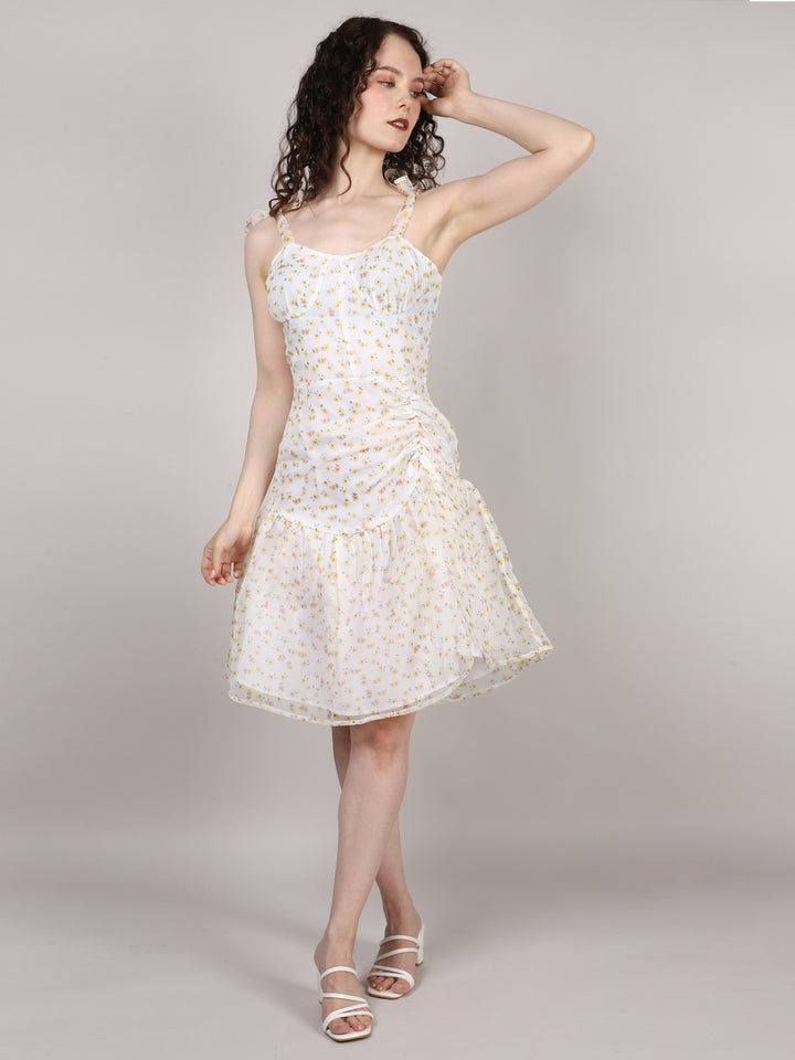 White Ditsy Print Organza Mini Dress