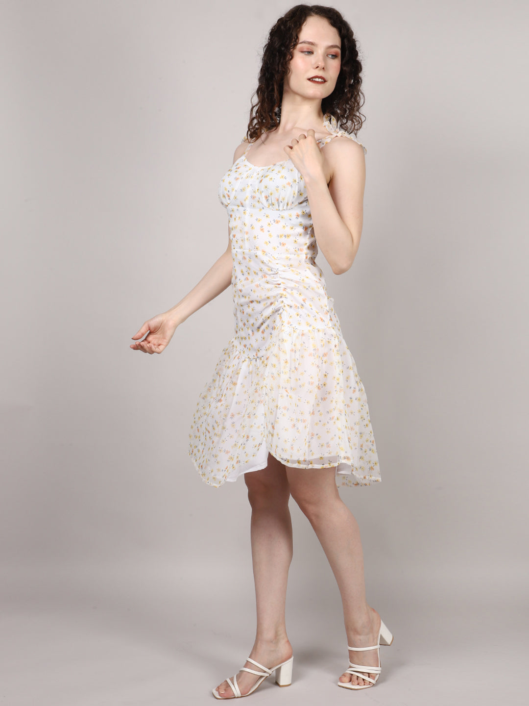 White Ditsy Print Organza Mini Dress