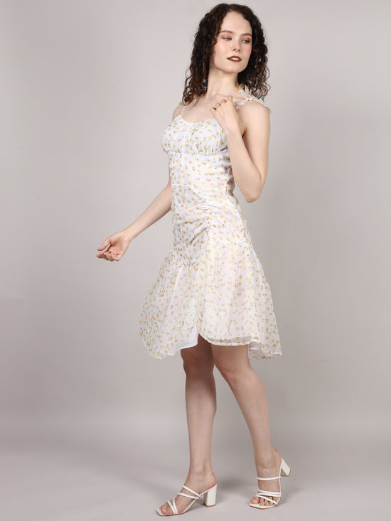 White Ditsy Print Organza Mini Dress