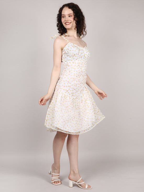 White Ditsy Print Organza Mini Dress