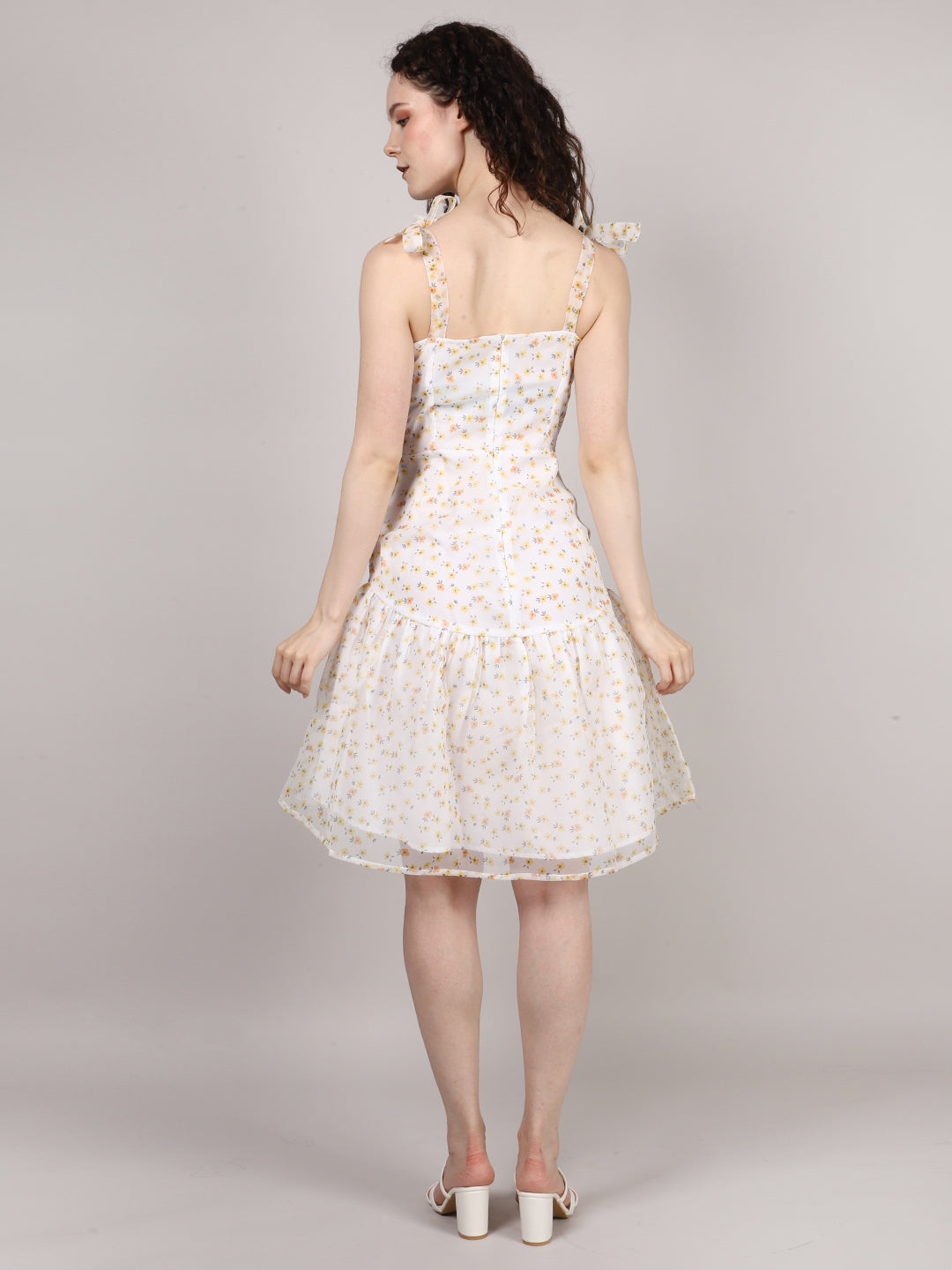 White Ditsy Print Organza Mini Dress