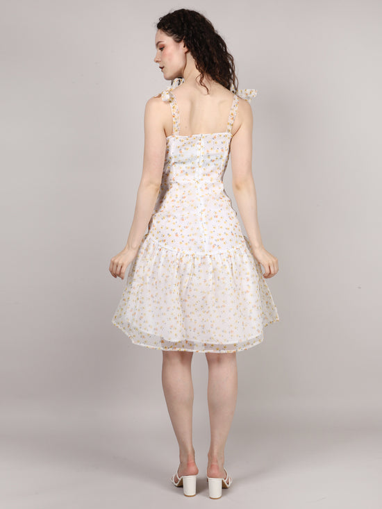 White Ditsy Print Organza Mini Dress