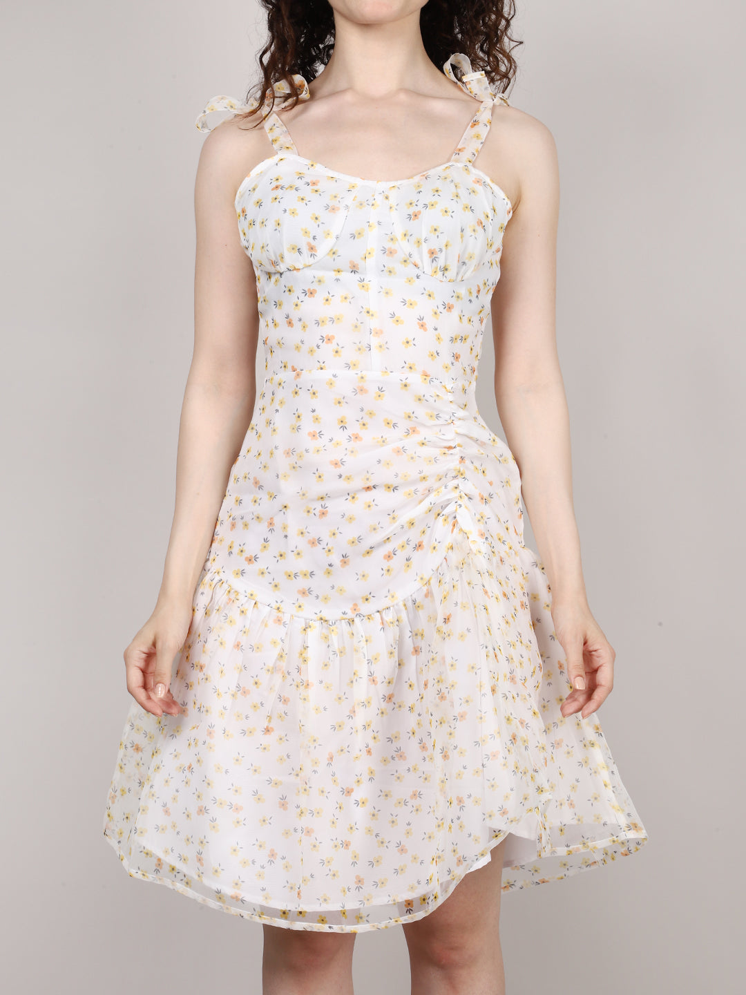 White Ditsy Print Organza Mini Dress