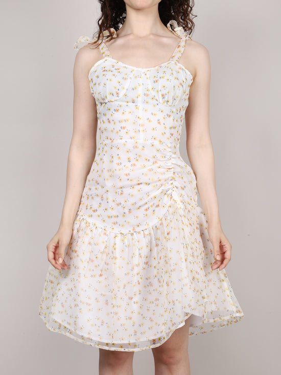 White Ditsy Print Organza Mini Dress