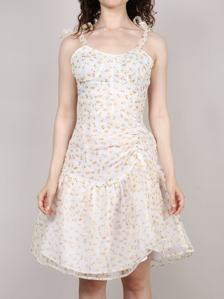 White Ditsy Print Organza Mini Dress