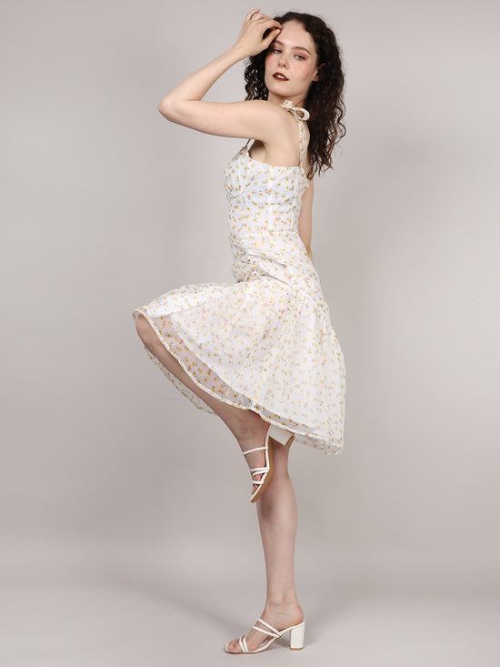 White Ditsy Print Organza Mini Dress