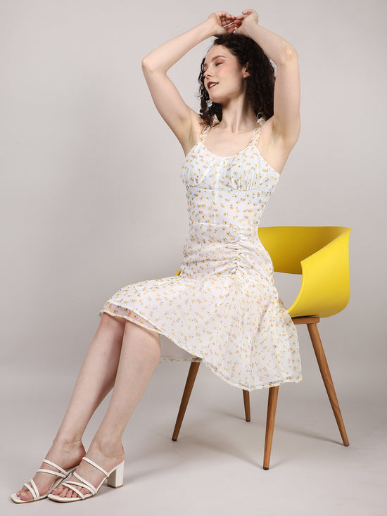 White Ditsy Print Organza Mini Dress