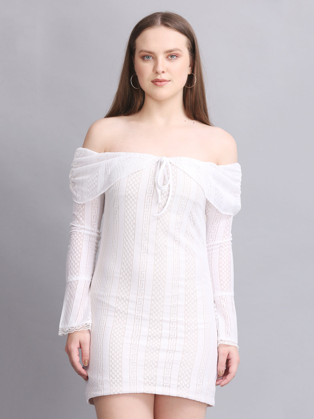 WHITE OFF SHOULDER LACE MINI DRESS