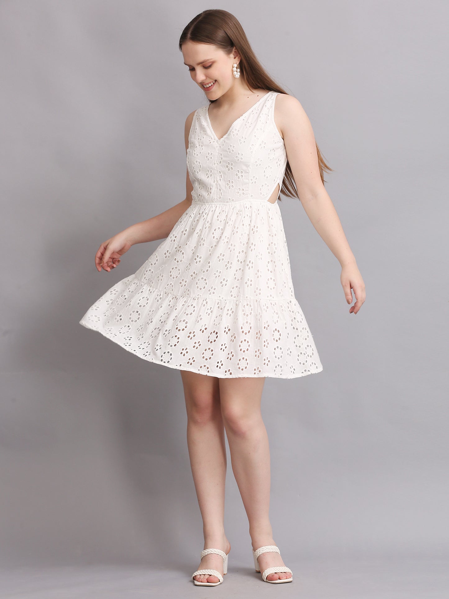 White Schiffli Side Cutout Mini Dress