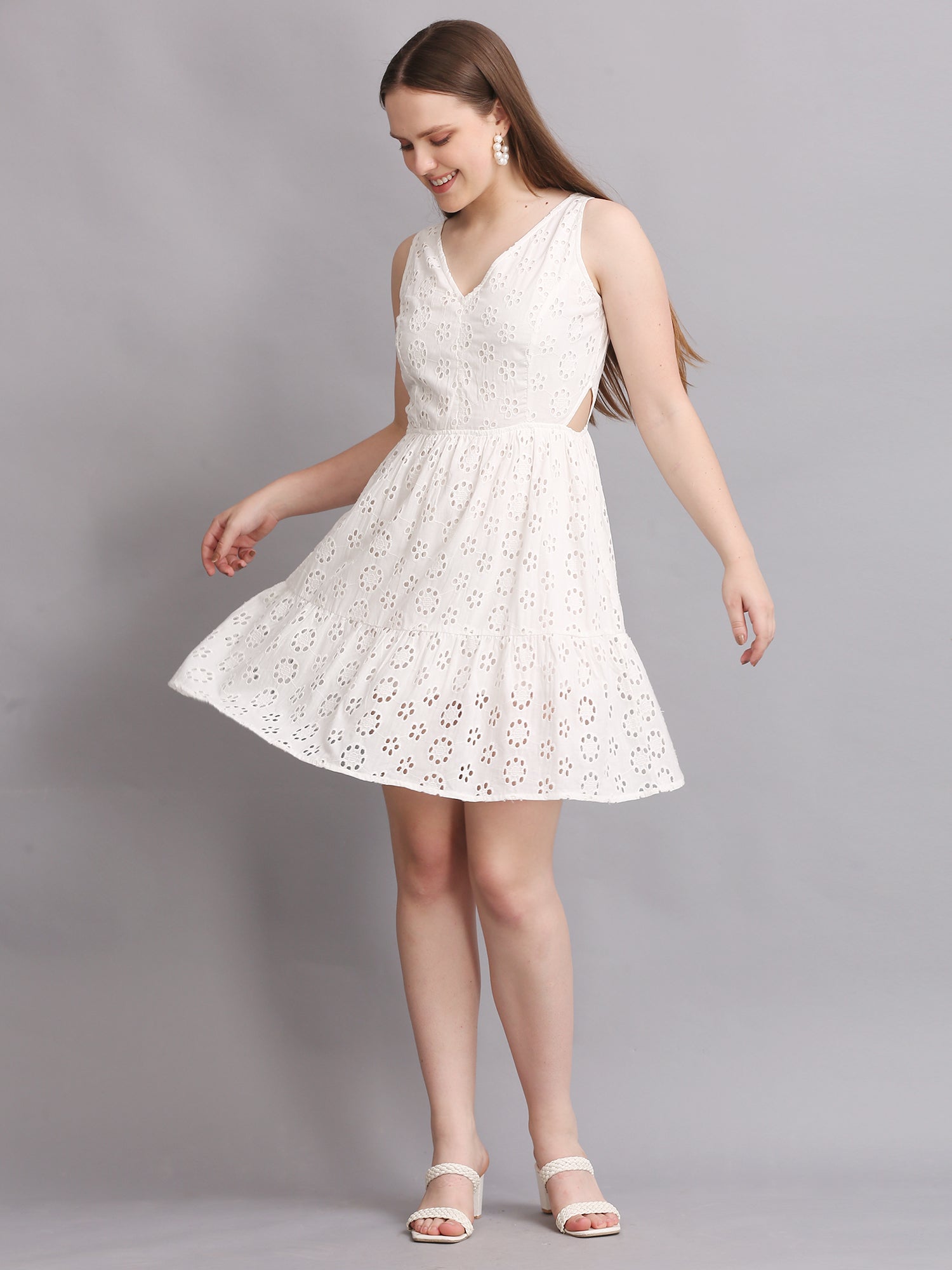 White Schiffli Side Cutout Mini Dress