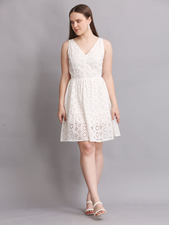 White Schiffli Side Cutout Mini Dress
