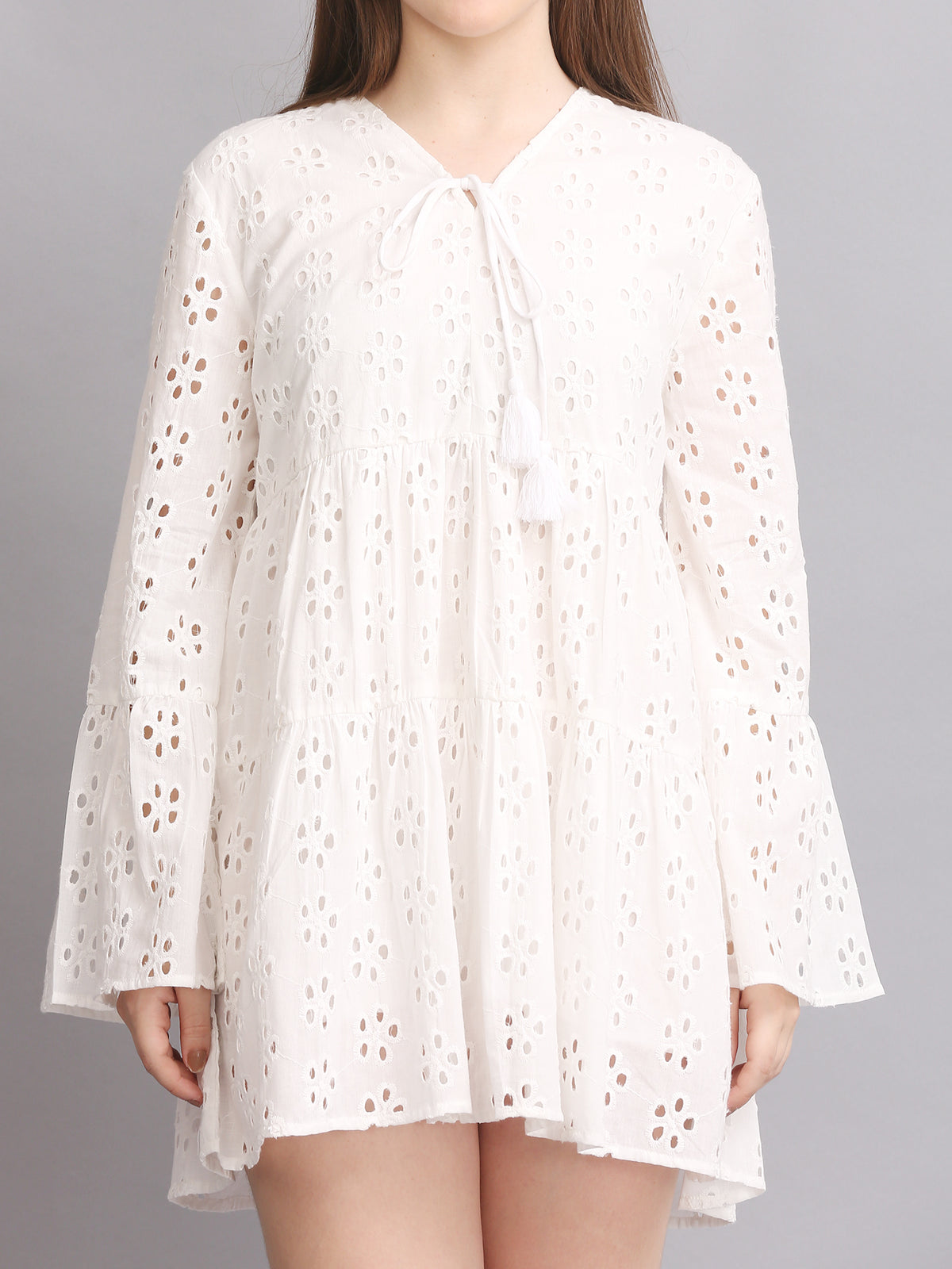 White Schiffli Sleeve Mini Dress