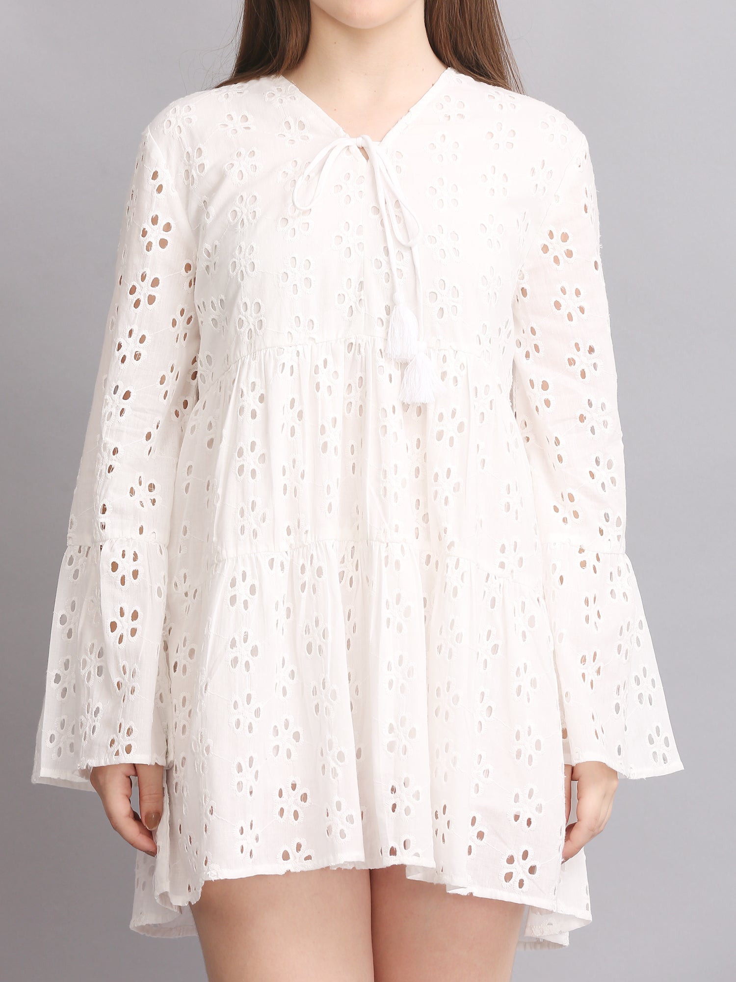 White Schiffli Sleeve Mini Dress