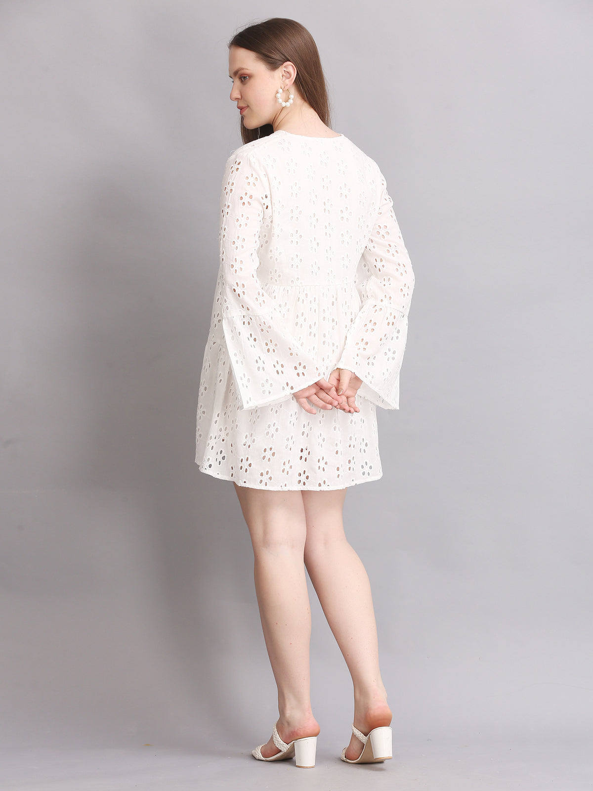 White Schiffli Sleeve Mini Dress