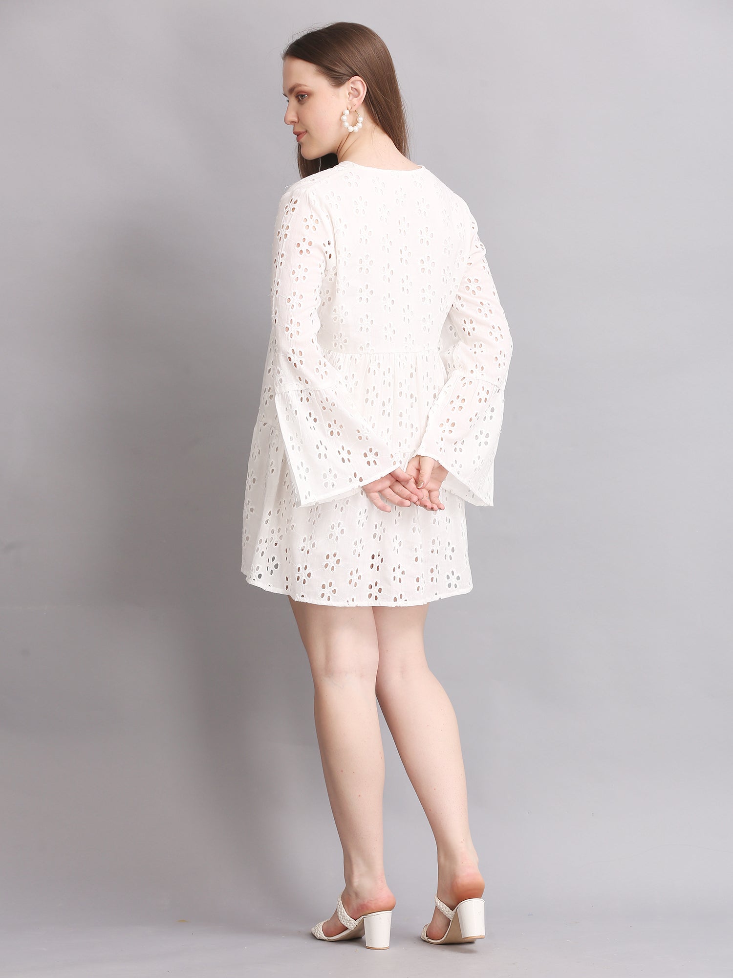 White Schiffli Sleeve Mini Dress