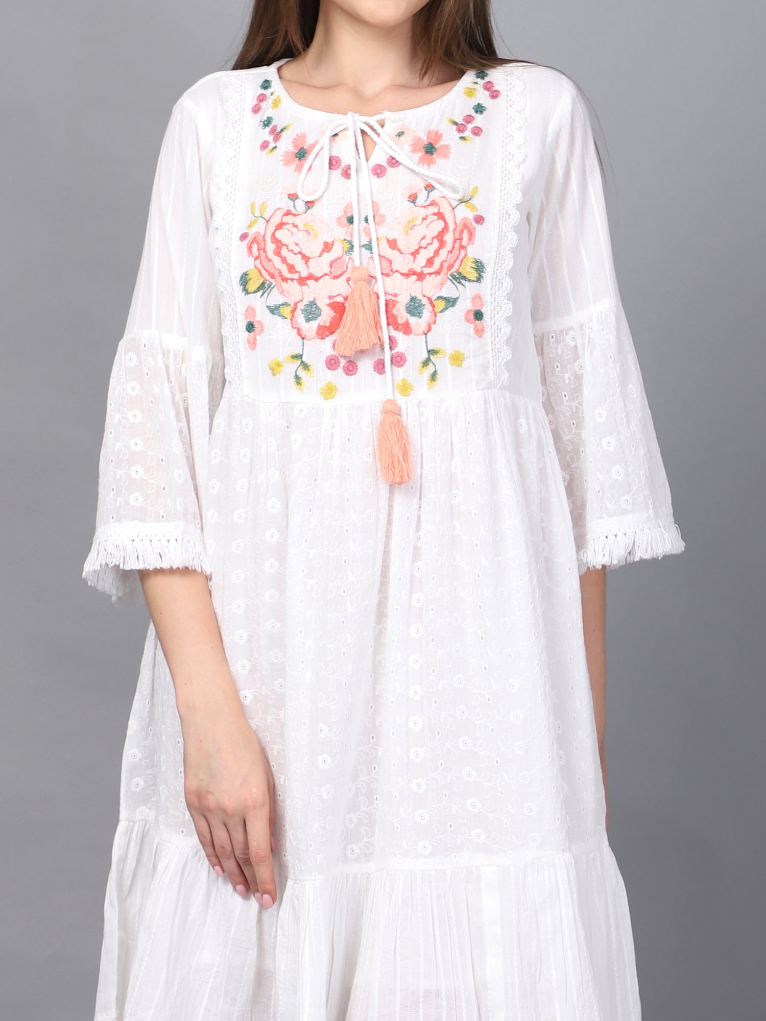 White Embroidered Bell Sleeves Tasseled Fit And Flare Dress