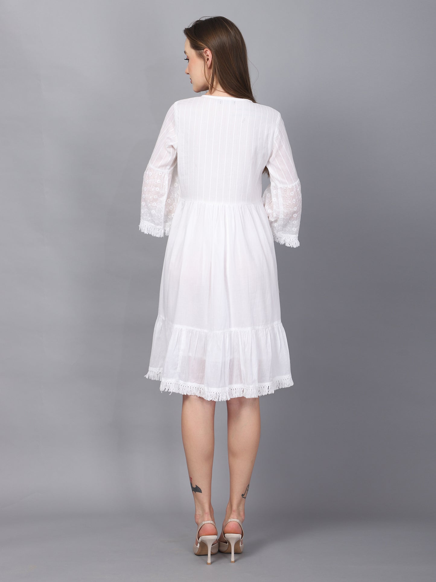White Embroidered Bell Sleeves Tasseled Fit And Flare Dress