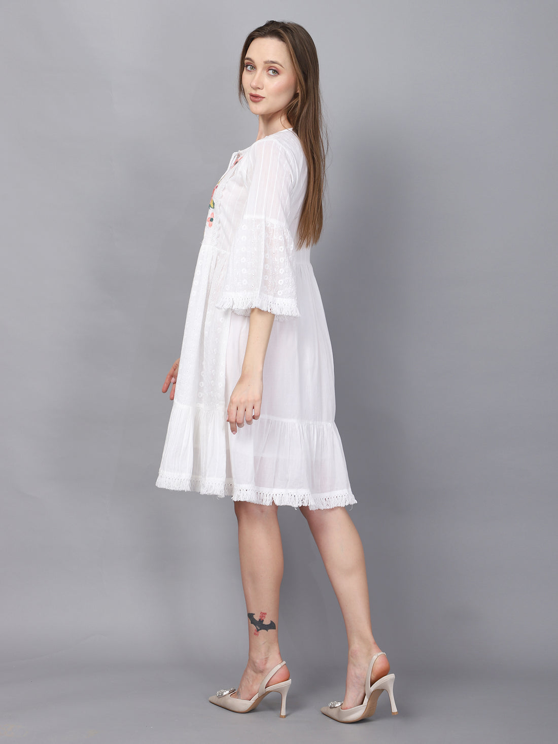 WHITE EMBROIDERED BELL SLEEVES TASSELED FIT AND FLARE DRESS
