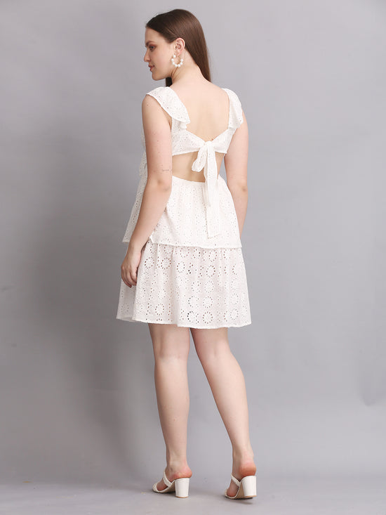 White Schiffli Back Knot Mini Dress