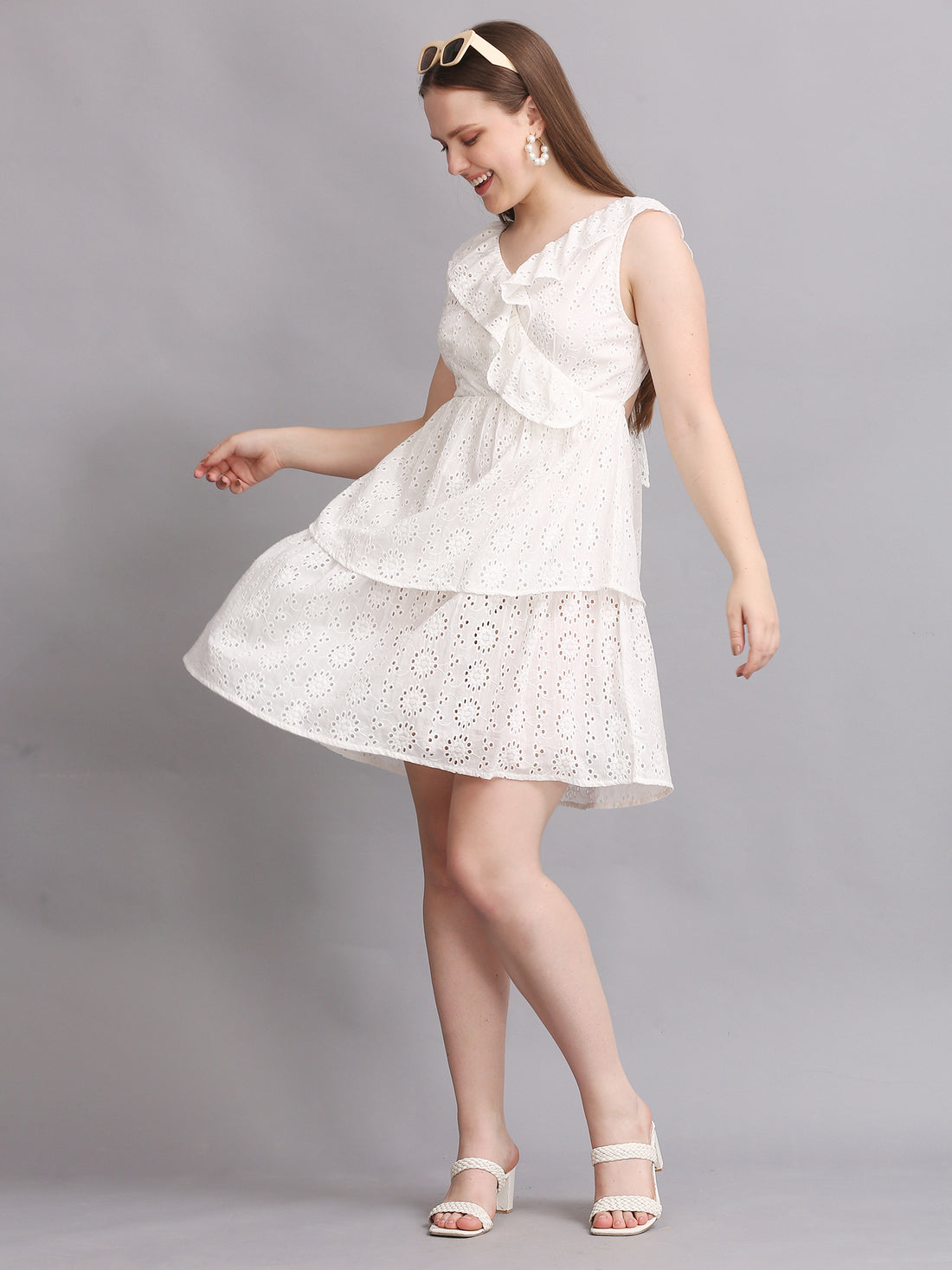 WHITE SCHIFFLI BACK KNOT MINI DRESS