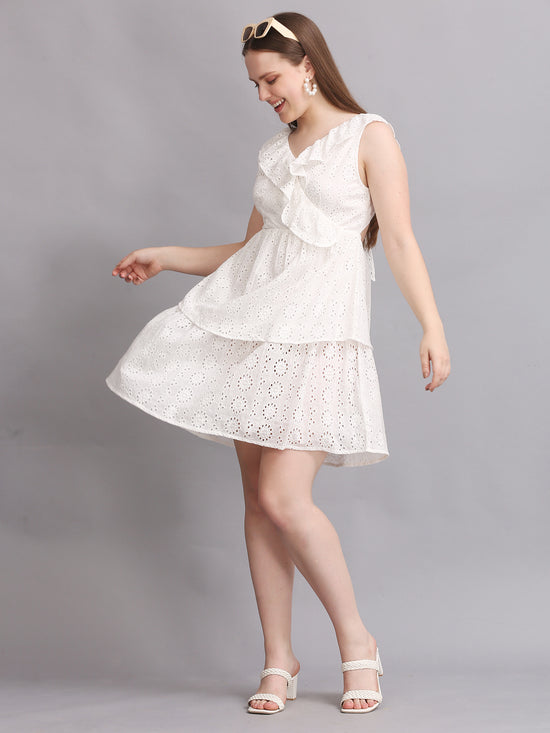 White Schiffli Back Knot Mini Dress