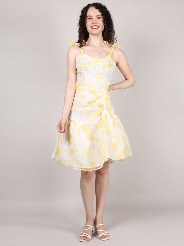 Yellow Organza Printed Mini Dress