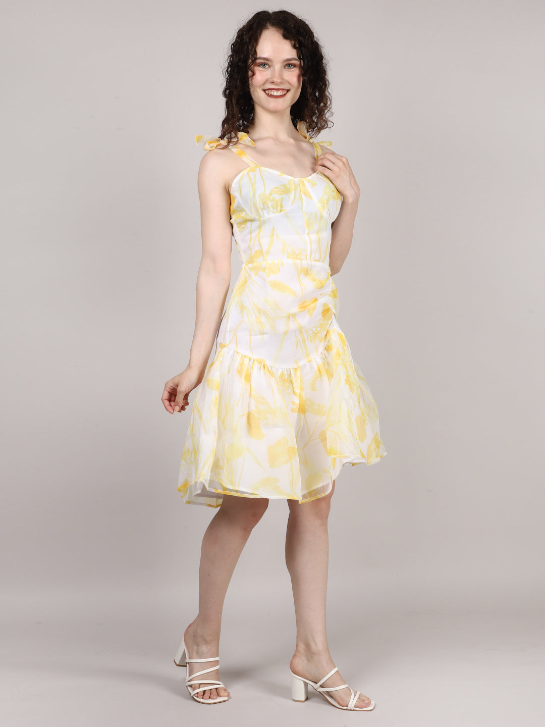 Yellow Organza Printed Mini Dress
