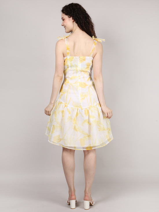 Yellow Organza Printed Mini Dress