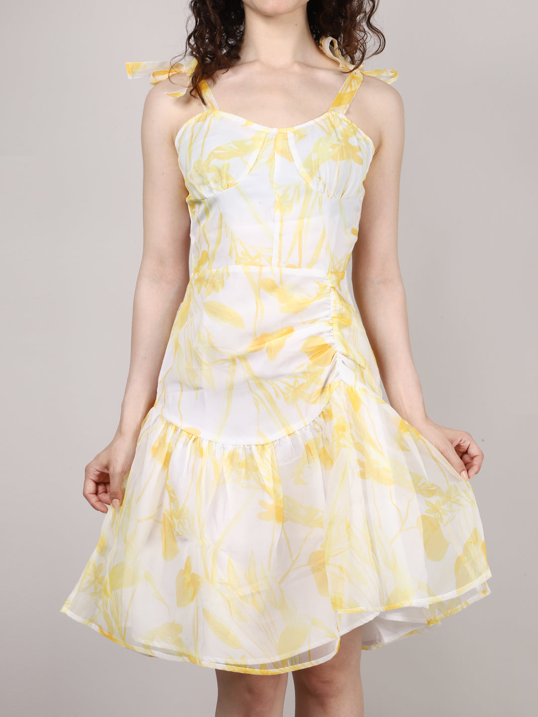 YELLOW ORGANZA PRINTED MINI DRESS