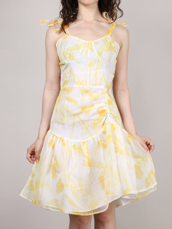 Yellow Organza Printed Mini Dress