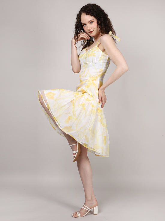 Yellow Organza Printed Mini Dress