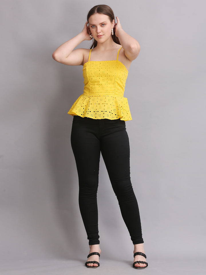 YELLOW SCHIFFLI PEPLUM TOP