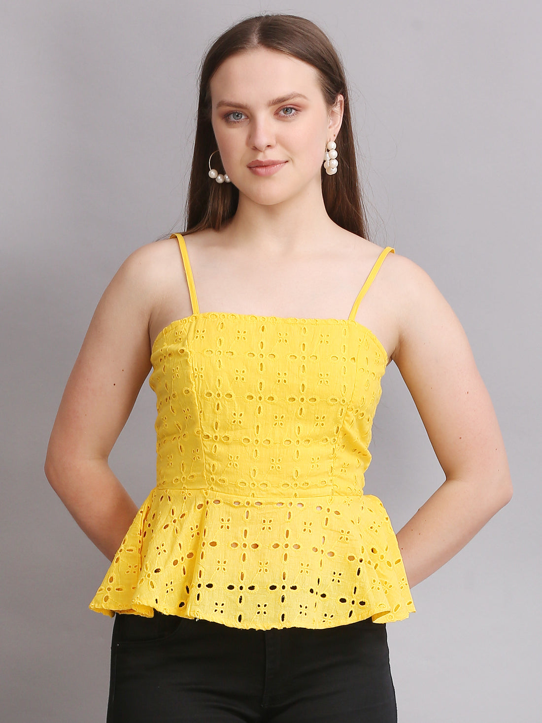 YELLOW SCHIFFLI PEPLUM TOP