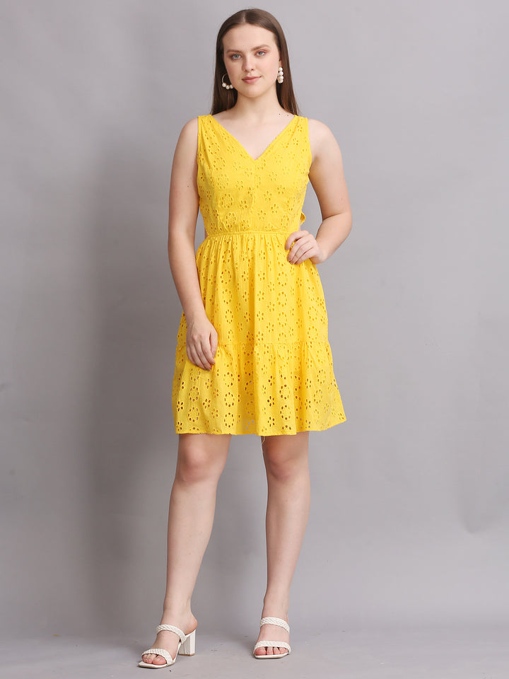 Yellow Schiffli Side Cutout Mini Dress