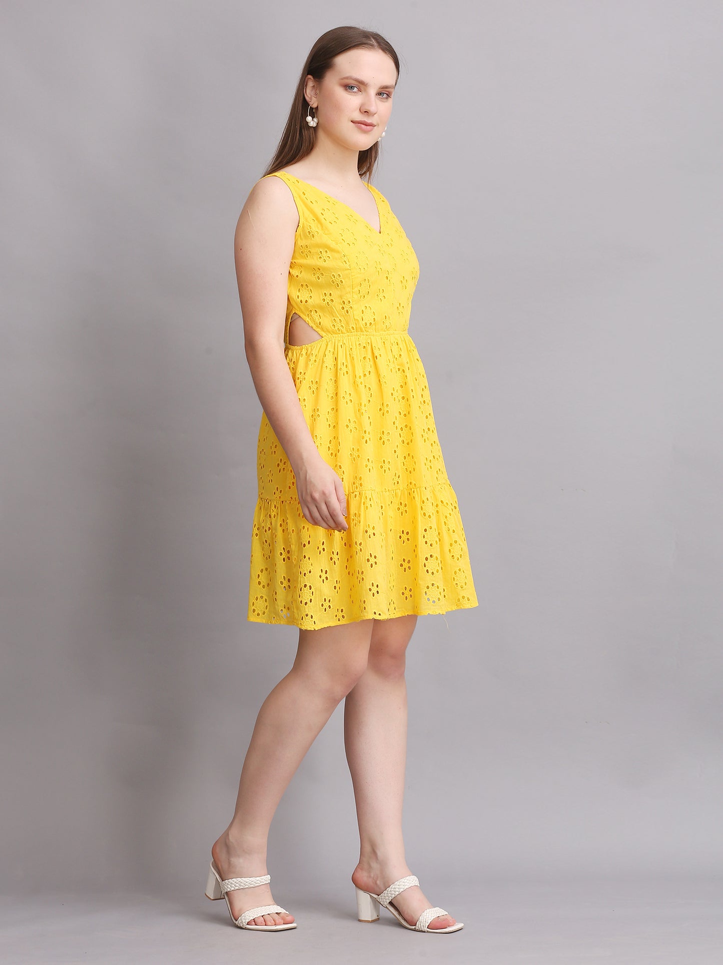 Yellow Schiffli Side Cutout Mini Dress