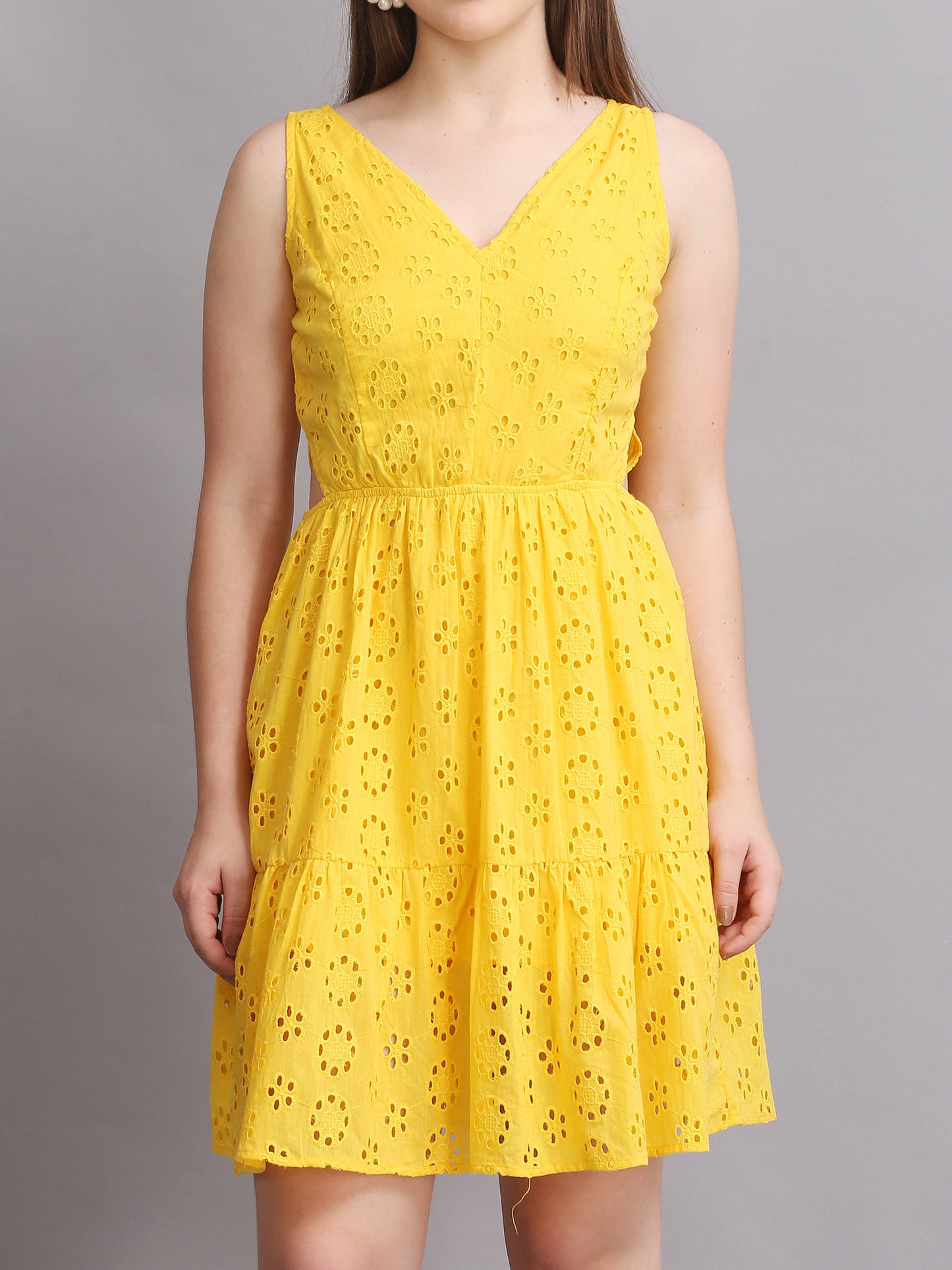 Yellow Schiffli Side Cutout Mini Dress