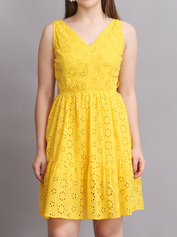 Yellow Schiffli Side Cutout Mini Dress