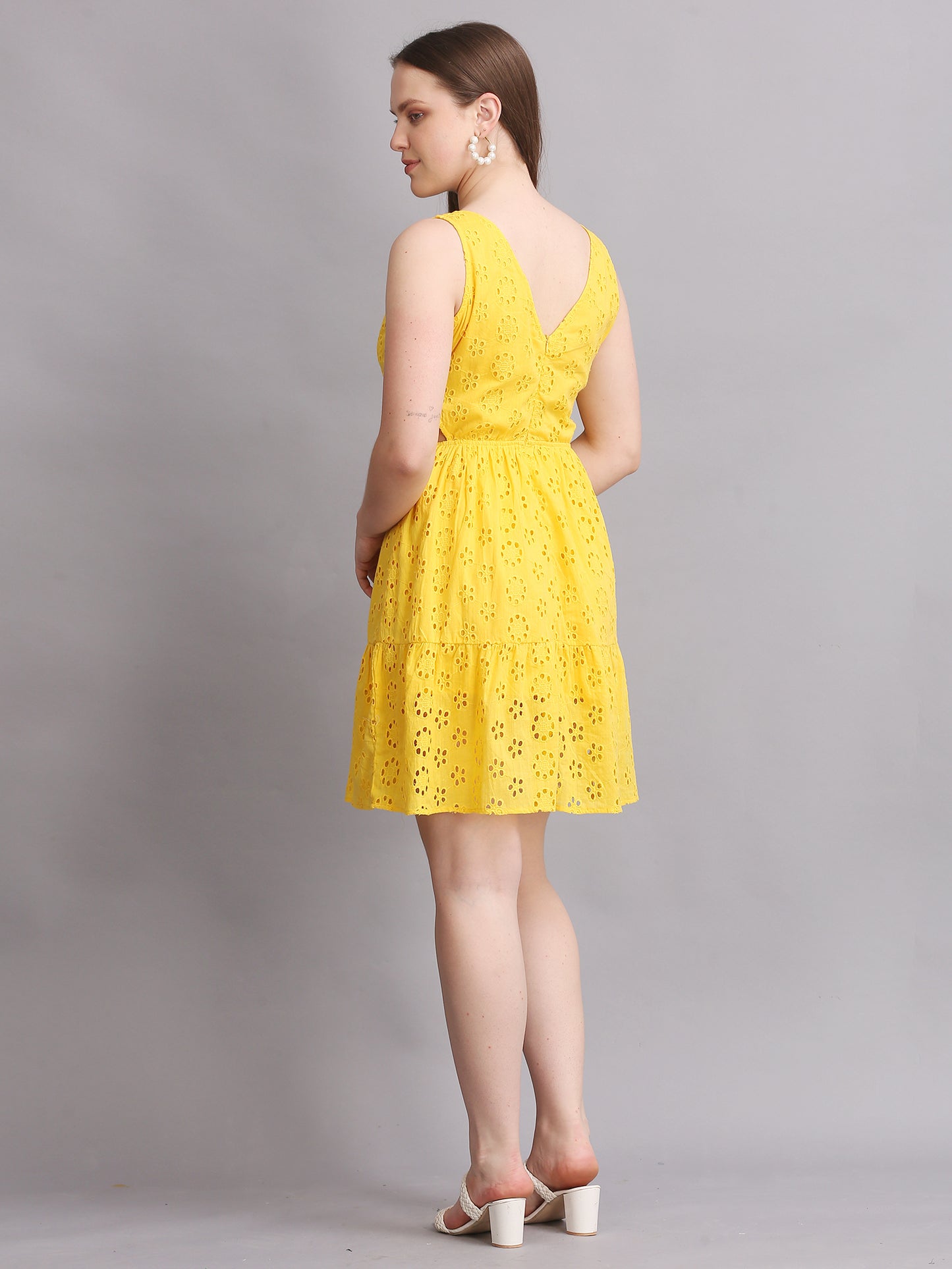 Yellow Schiffli Side Cutout Mini Dress