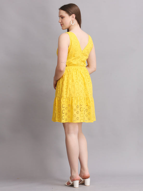 Yellow Schiffli Side Cutout Mini Dress
