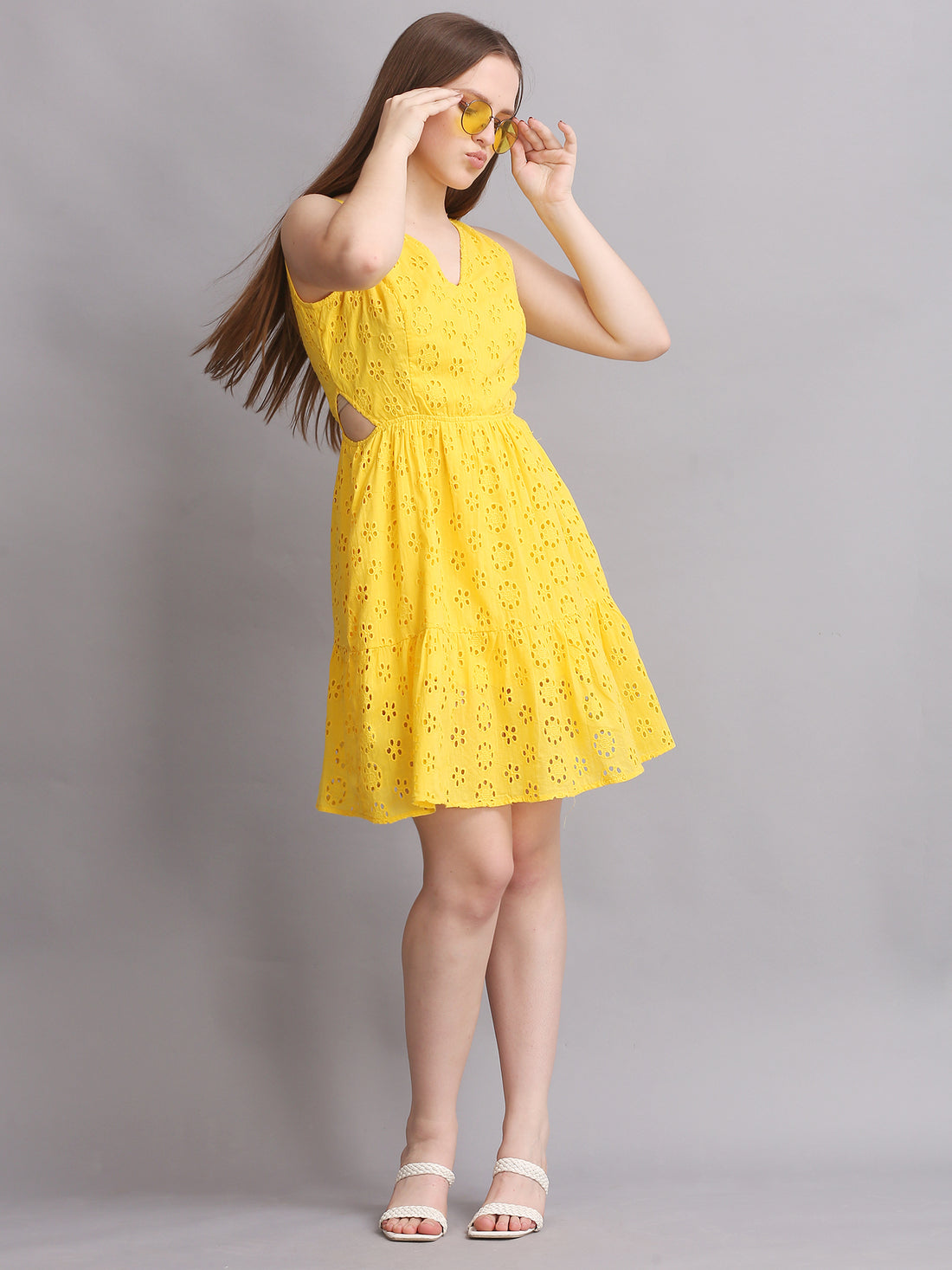 YELLOW SCHIFFLI SIDE CUTOUT MINI DRESS