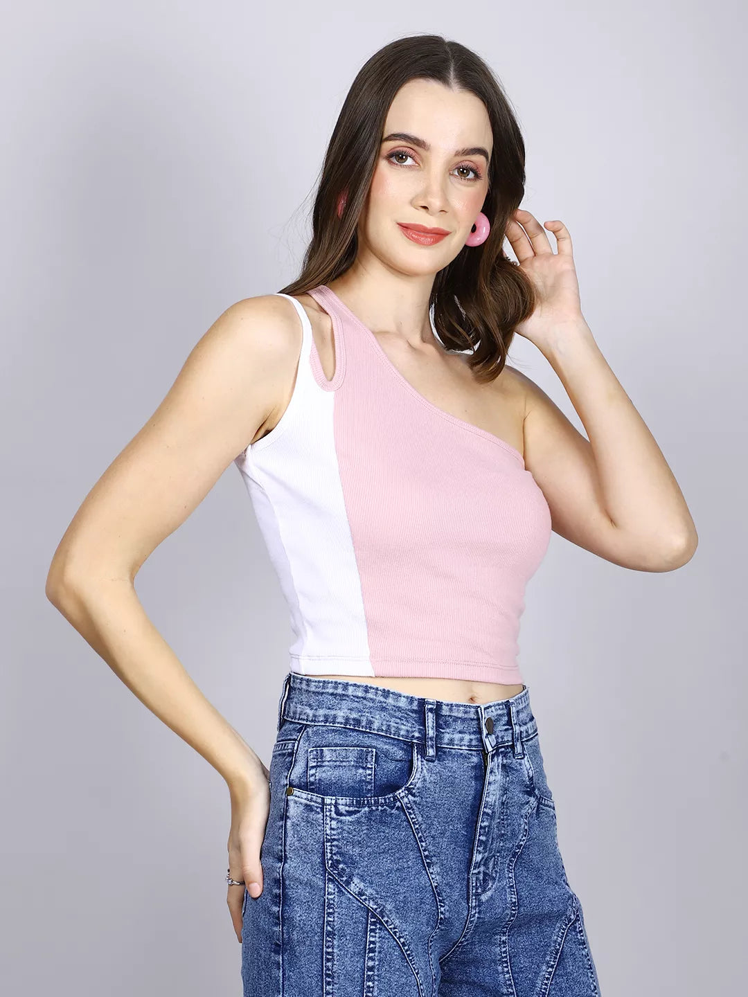 Pink And White One Shoulder Crop Top