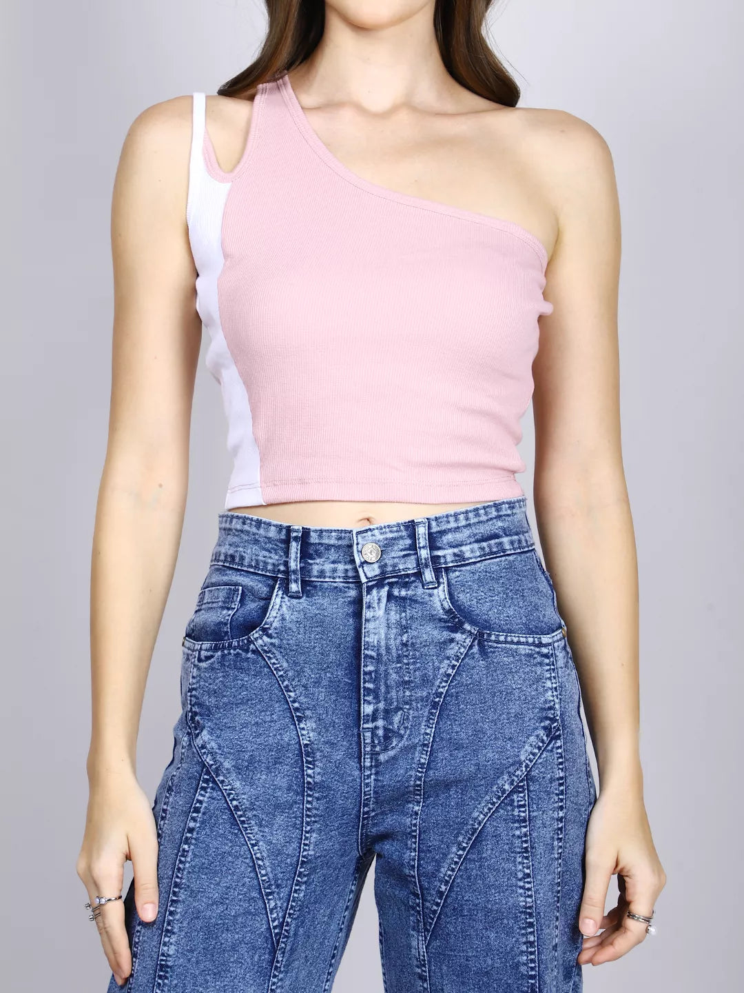 Pink And White One Shoulder Crop Top