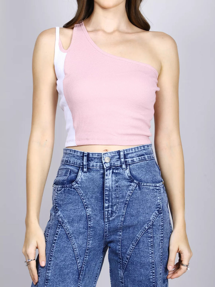 Pink And White One Shoulder Crop Top
