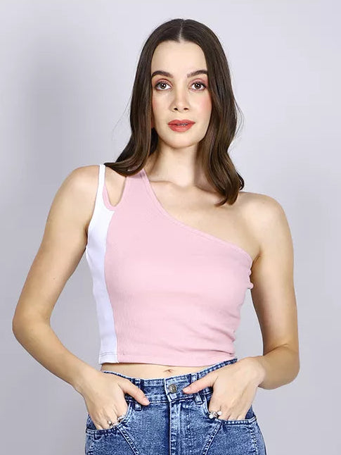 Pink And White One Shoulder Crop Top