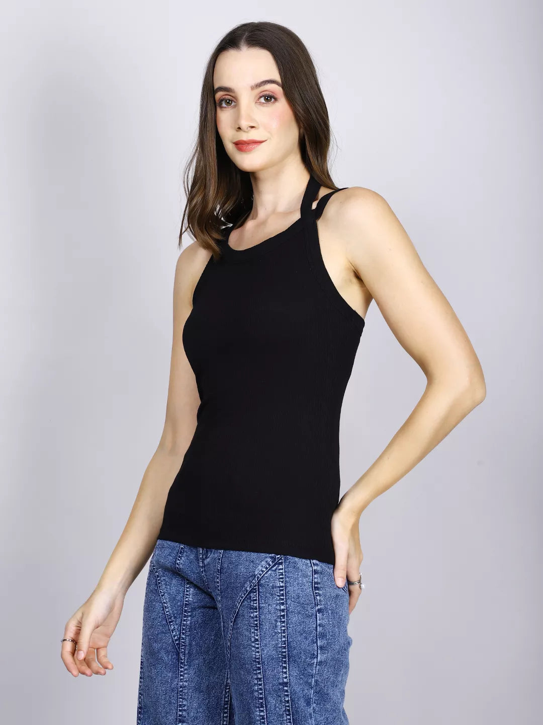 Black Rib Halter Strap Top