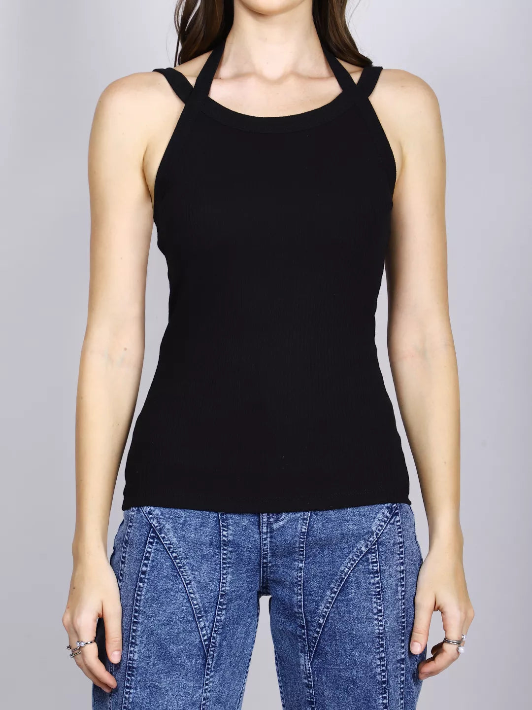 Black Rib Halter Strap Top